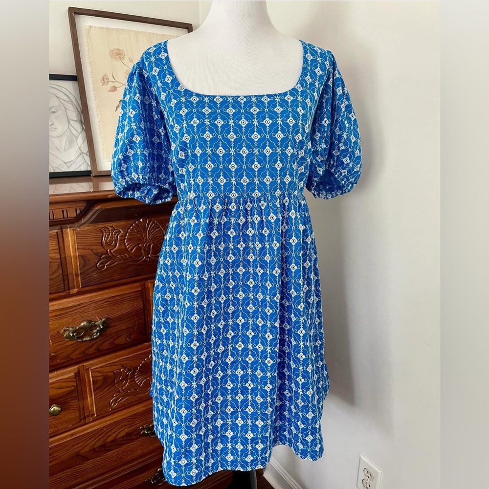 Rhode for Target blue embroidered eyelet empire waist dress with puff sleeves